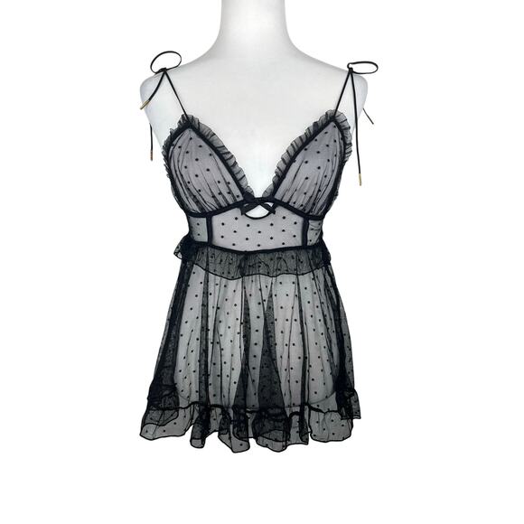 Coquette Black Polkadots Frilled Sheer Babydoll Chemise - Picture 1 of 7